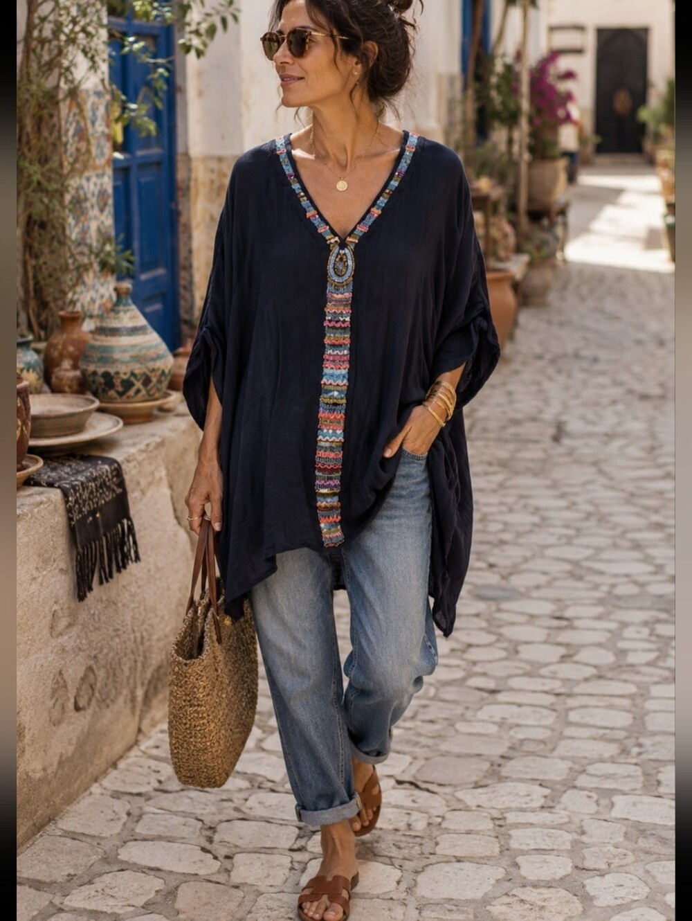 Boho Embroidered Navy Tunic One Size Moroccan Mediterranean Resort Cover Up Top